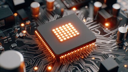 Close-up of a glowing processor chip on a circuit board (1)