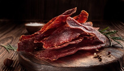 dried meat strips in rustic setting for culinary delights