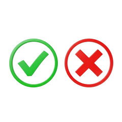 Vibrant green checkmark and bold red cross, each centered in clean circular outlines, side-by-side on a transparent background with bright studio lighting, no shadows, high contrast, concept of