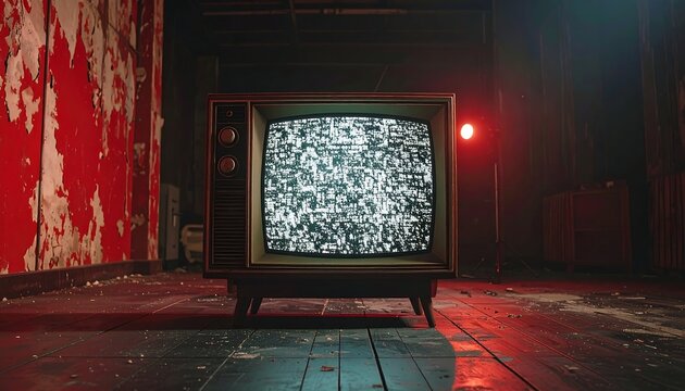 Retro TV displaying static in a dilapidated room