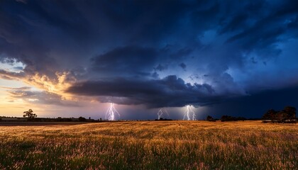 dramatic storm with lightning illuminating dark clouds over open field at dusk