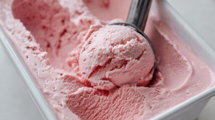 Strawberry ice cream scooped out of container