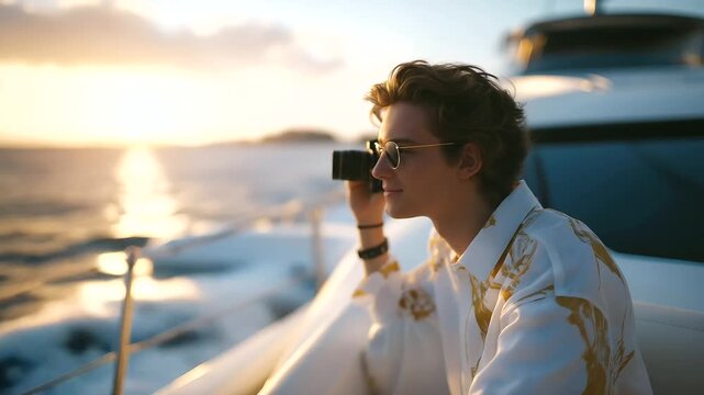 A yacht guest capturing a sunset with a camera on deck
