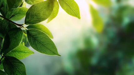 Fototapeta premium Sunlight filters through lush green leaves highlighting dew drops and vibrant natural beauty