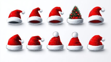 Collection of red Santa hats with snow and a Christmas tree.