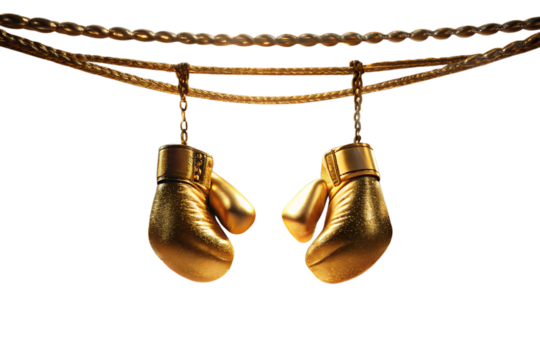Golden boxing gloves hanging on a rope, isolated on transparent background, symbolizing victory, strength, and the pursuit of excellence in sports and competition