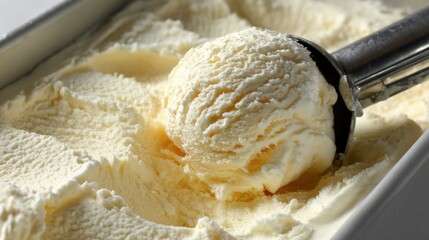 Vanilla ice cream scooped out of container