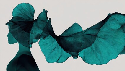 Teal flowing fabric drapes around a profile woman