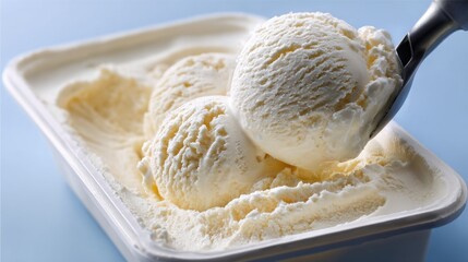 Vanilla ice cream scooped out of container
