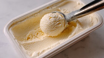 Vanilla ice cream scooped out of container