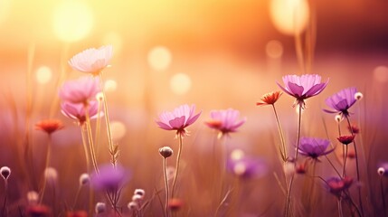 Wild flowers in a meadow at sunset