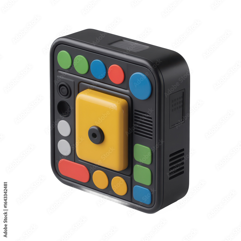 Poster retro style game controller with colorful buttons and a prominent yellow central element isolated on