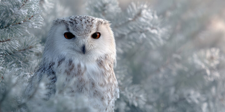 Snowy owl with mystical aura perched among frosted branches