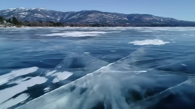 Frozen lake surface with visible cracks and snow patches surrounded by snowcapped mountains under clear blue sky in winter landscape