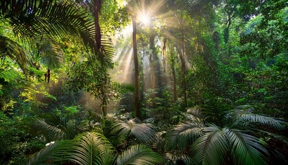Obraz premium dense jungle canopy with sunlight streaking through the lush foliage