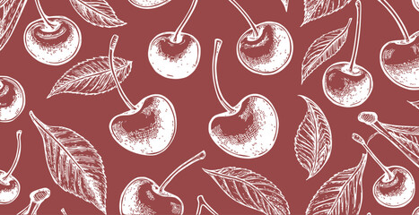 Cherry print, simple sketch style vector background