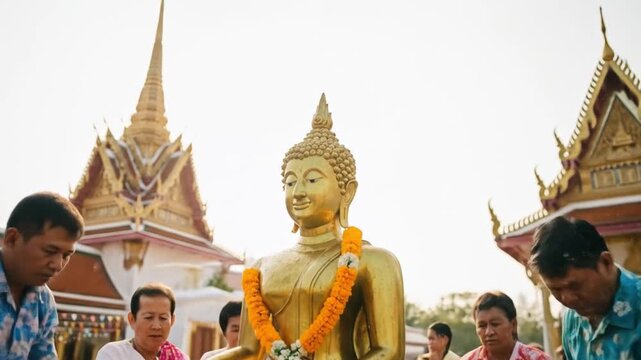 Songkran Festival: Thai People Pouring Water on Buddha Statue