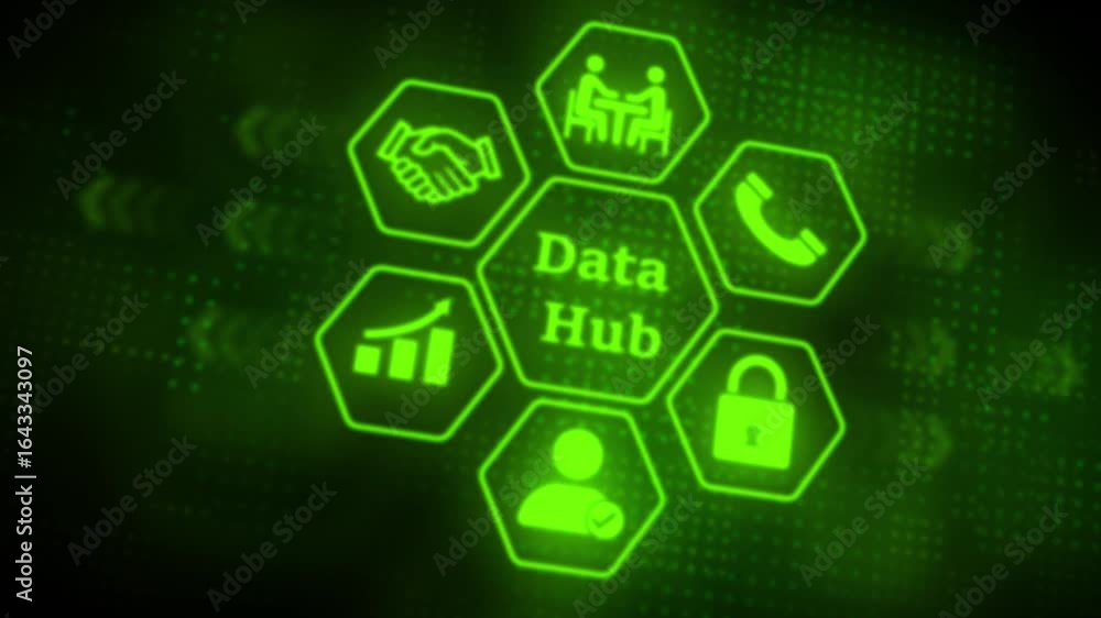 Poster a glowing green hexagonal interface highlights the concept of 