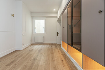 Textural combination: smooth   wood surface on drawers contrasting with geometrically etched glass doors