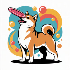 Playful Shiba Inu Dog Silhouette Balancing Frisbee on Nose — Fun Pet Vector Illustration