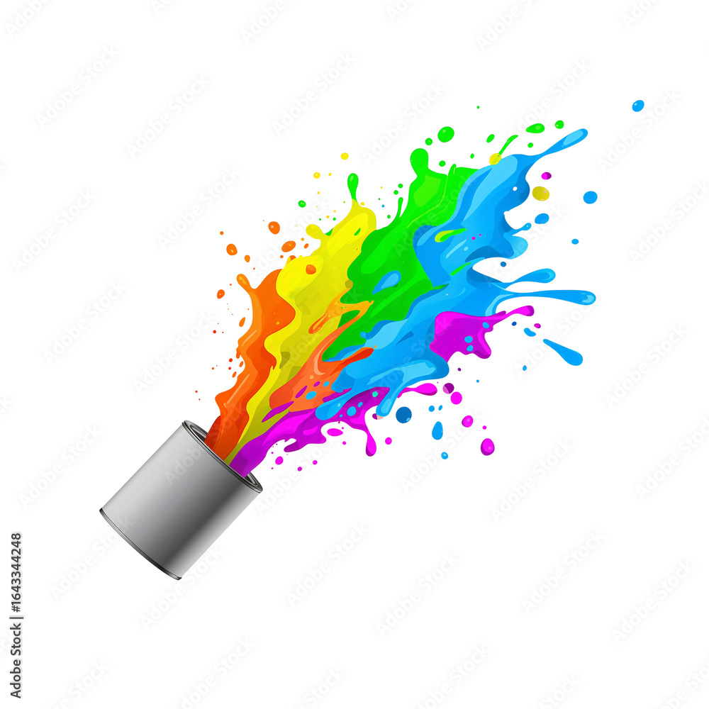 Poster vibrant chromatic explosion bursting forth from a paint can on transparent space