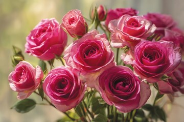 Obraz premium Cheerful birthday card design showcasing a beautiful bouquet of bright pink roses with a festive ambiance for special celebrations and heartfelt messages
