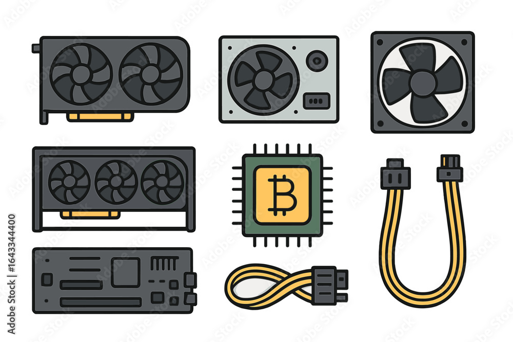 Poster collection of computer hardware components used for cryptocurrency mining set against a simple backg