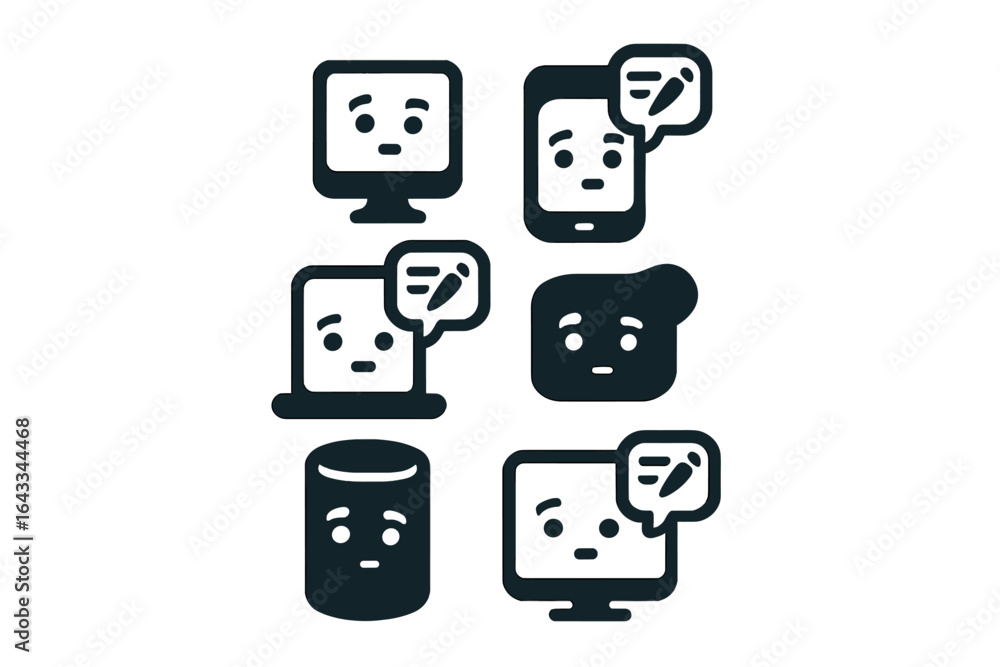 Poster collection of digital devices expressing emotions with speech bubbles in a minimalist design