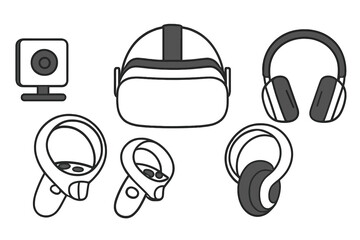 Virtual reality headset, controllers, and headphones set on a plain background showcasing modern technology for immersive experiences