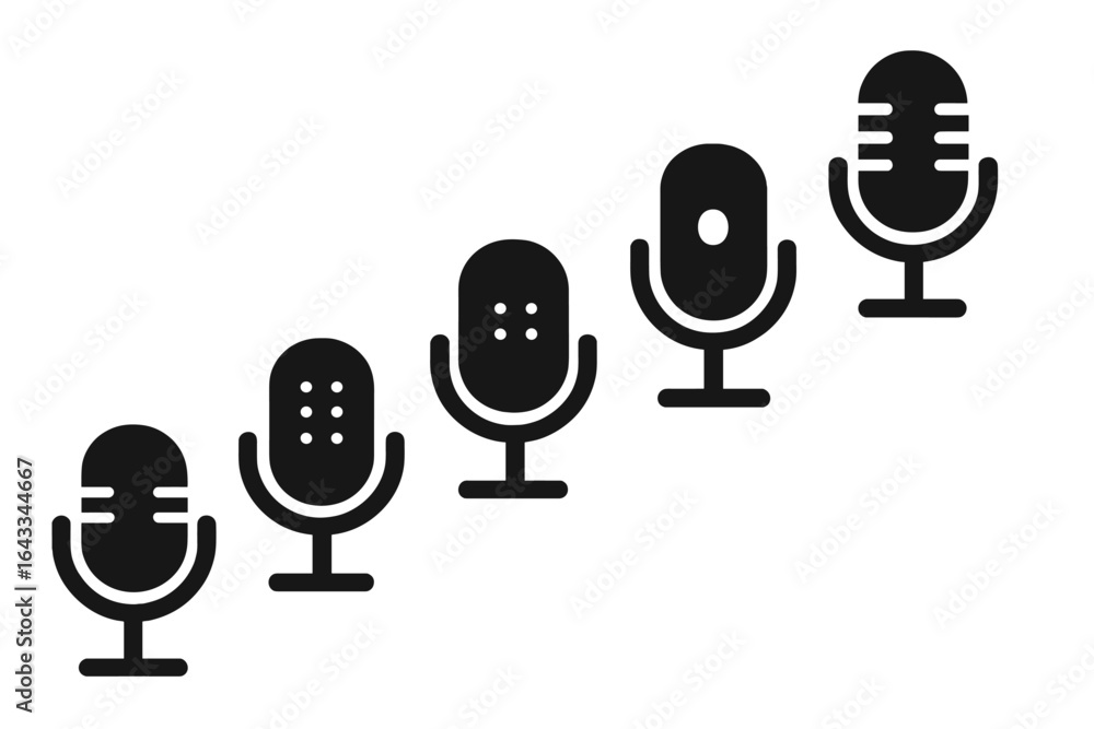Poster different styles of microphones aligned in a diagonal row showcasing audio equipment diversity and u
