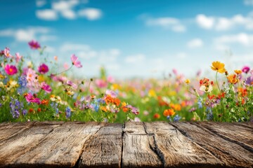 A whimsical floral arrangement on rustic wood for bright lifestyle imagery and seasonal marketing in outdoor ambiance