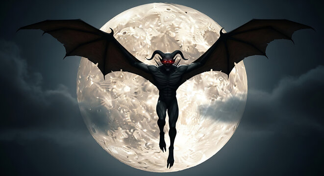 Cartoon demon with bat wings and horns in front of full moon - Powered by Adobe