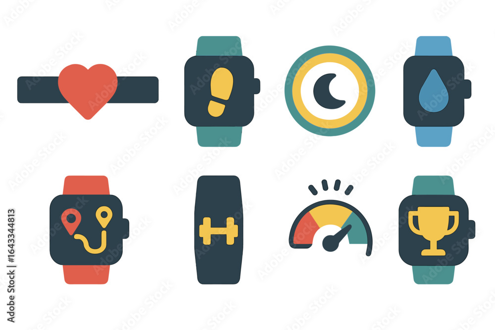 Aufkleber fitness tracking devices display various health monitoring features and metrics in a flat lay arrang