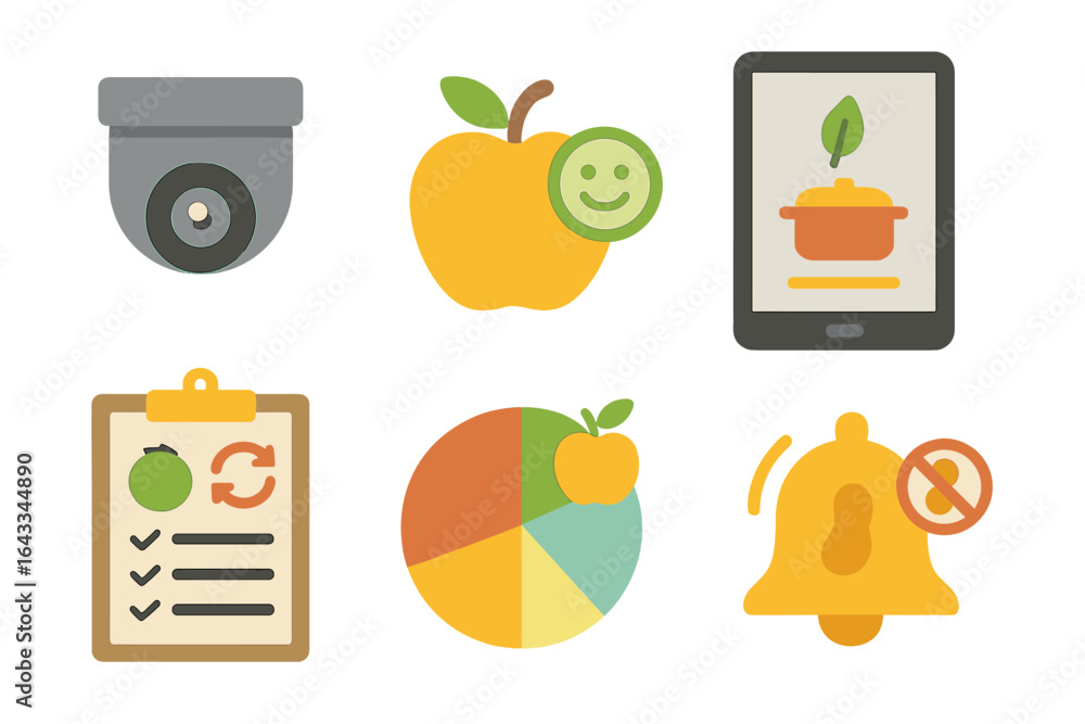 Aufkleber digital icons representing various elements of health management and technology in a modern setting