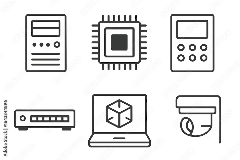 Poster components of modern technology showcased in a minimalistic layout with various devices and tools fo