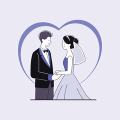 Bride and groom holding hands inside a heart shape.eps