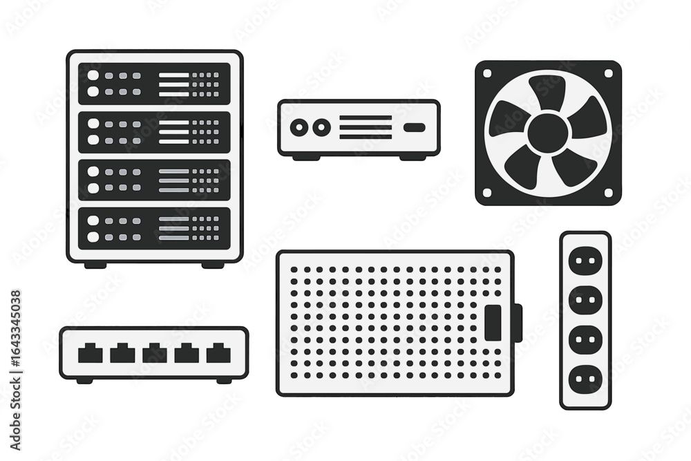 Poster detailed illustration of computer server components and accessories for network setups and cooling s