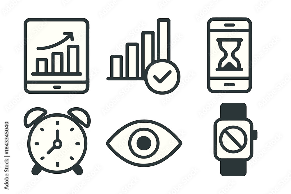 Poster Visual representation of time management concepts with various icons illustrating productivity, schedules, and monitoring performance
