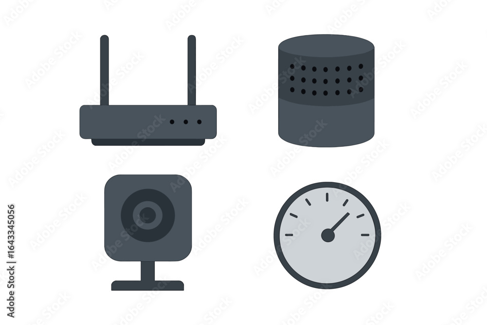 Poster collection of essential networking devices and tools for modern tech setups in a minimalistic design