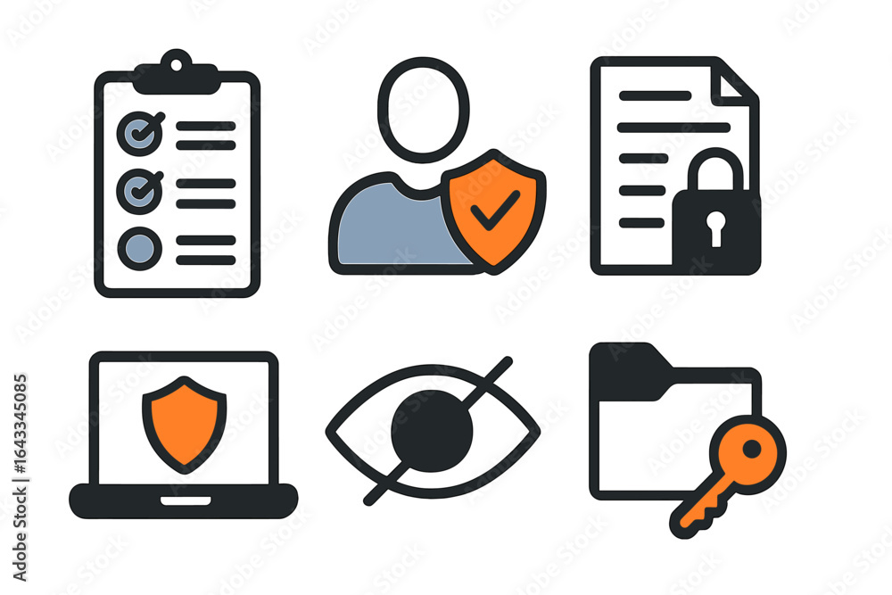 Poster security measures for data protection in digital environments with visual icons representing privacy