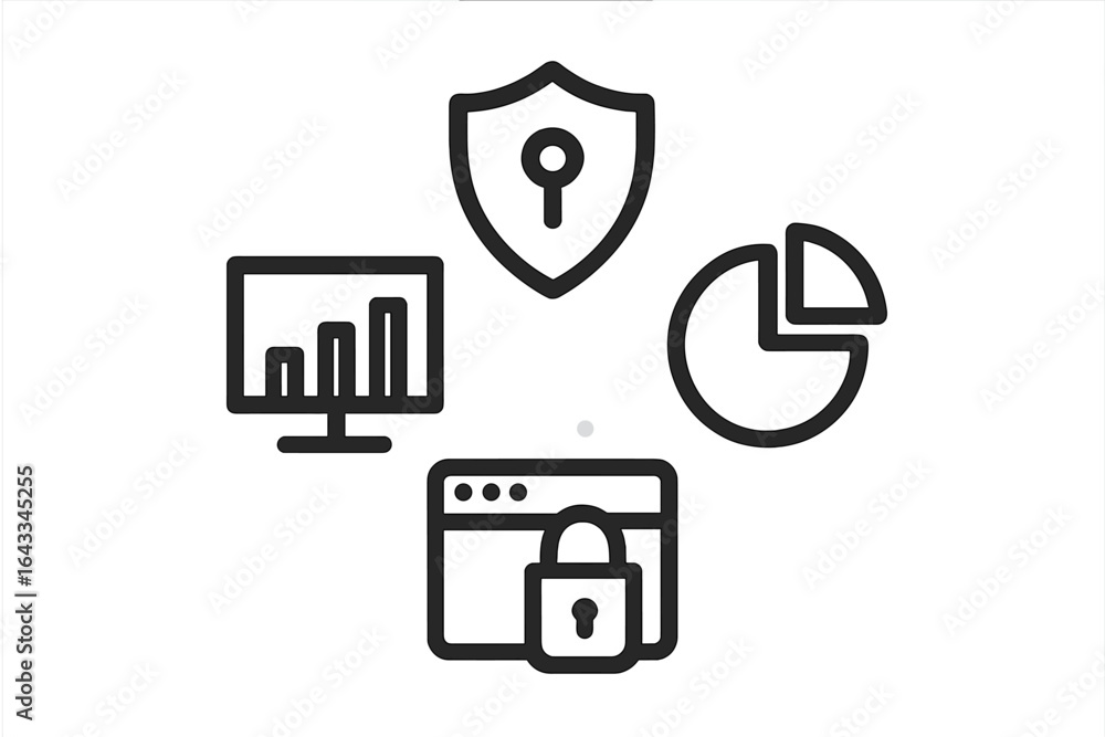 Poster graphic representation of cybersecurity concepts including data protection, analytics, and secure br