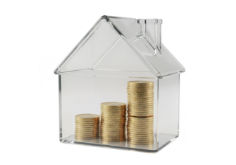 Transparent house shape with stacks of gold coins inside, symbolizing financial growth and home ownership, isolated on transparent background