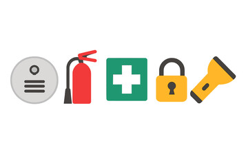 Essential safety equipment icons for emergency preparedness and response in various locations and situations