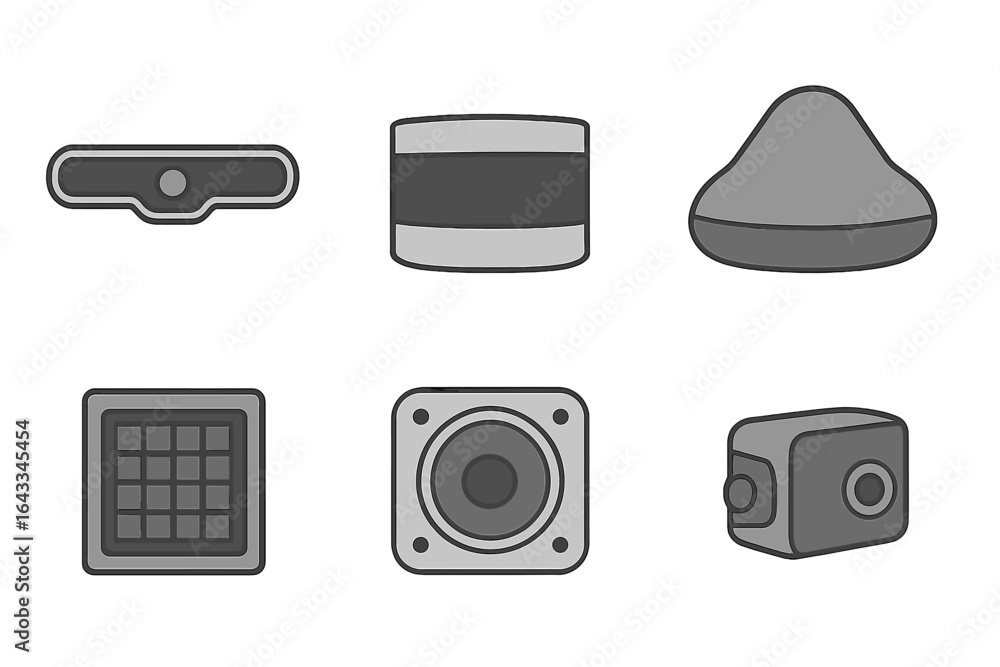Poster various speaker and audio equipment designs displayed in a minimalist style with different shapes an