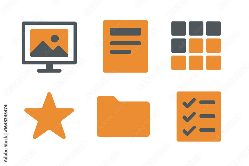 Aufkleber design elements showcasing various icons related to digital media, files, and organization in a mini