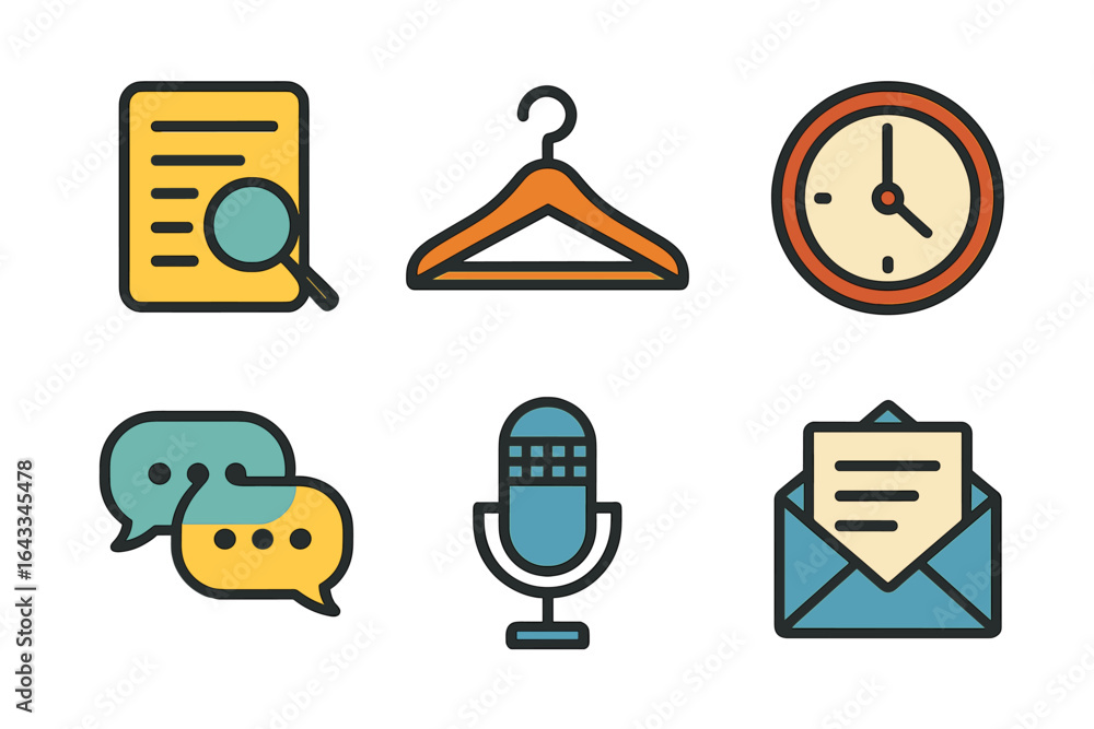 Poster creative icons representing various tasks and activities like communication, scheduling, and organiz
