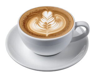 Perfect Latte Art Rosetta in White Cup on Saucer Isolated on Transparent Background, a Latte coffe. white coffee cup. clipping path.