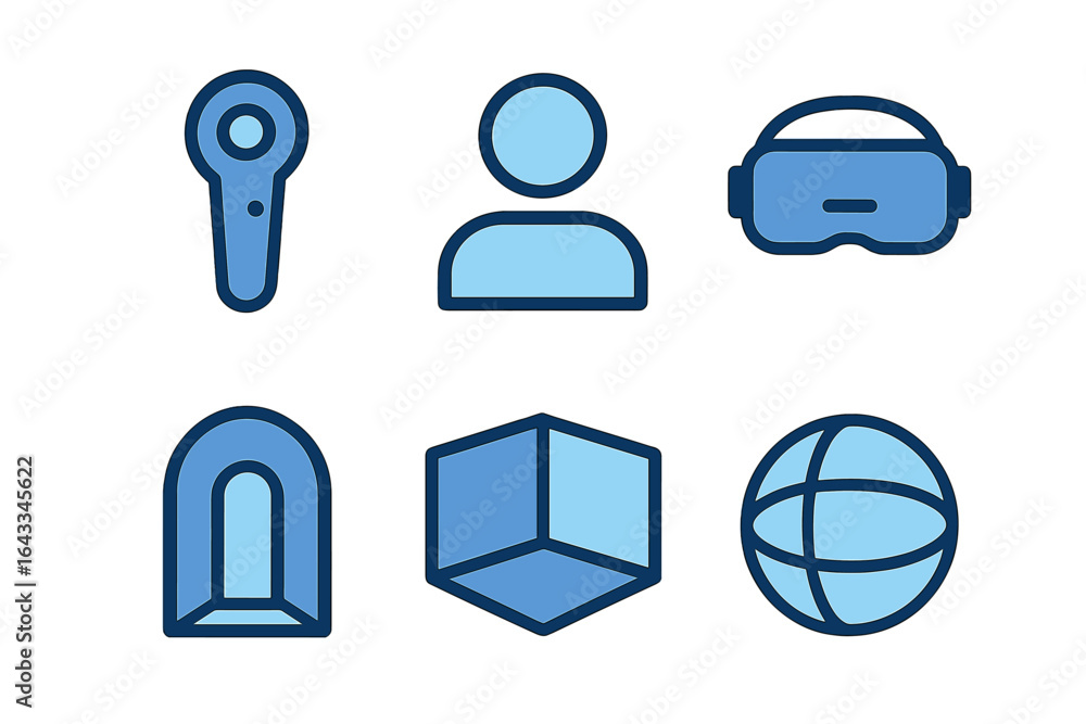 Poster virtual reality elements with controllers and avatars depicted in simple blue tones