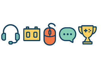 Gaming icons representing online gaming community activities and achievements in a digital format