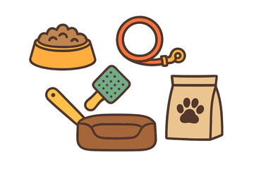 Pet supplies including food bowl, leash, scoop, and food bag displayed in a flat design style